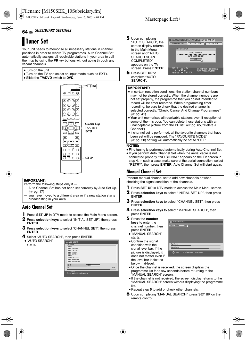 Tuner set, Ner setting (a pg. 64), Setting. (a pg. 64) | A pg. 64), Auto channel set, Manual channel set, Subsidiary settings | JVC DR-M150SEK User Manual | Page 64 / 76