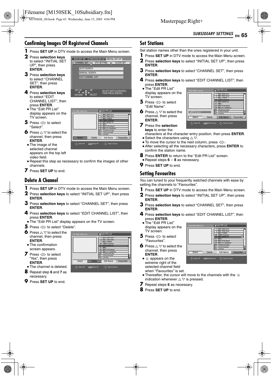 A pg. 65), A pg. 65, Adelete a channelb) | Adelete a, Channel, Masterpage:right, Confirming images of registered channels, Delete a channel, Set stations, Setting favourites | JVC DR-M150SEK User Manual | Page 65 / 76