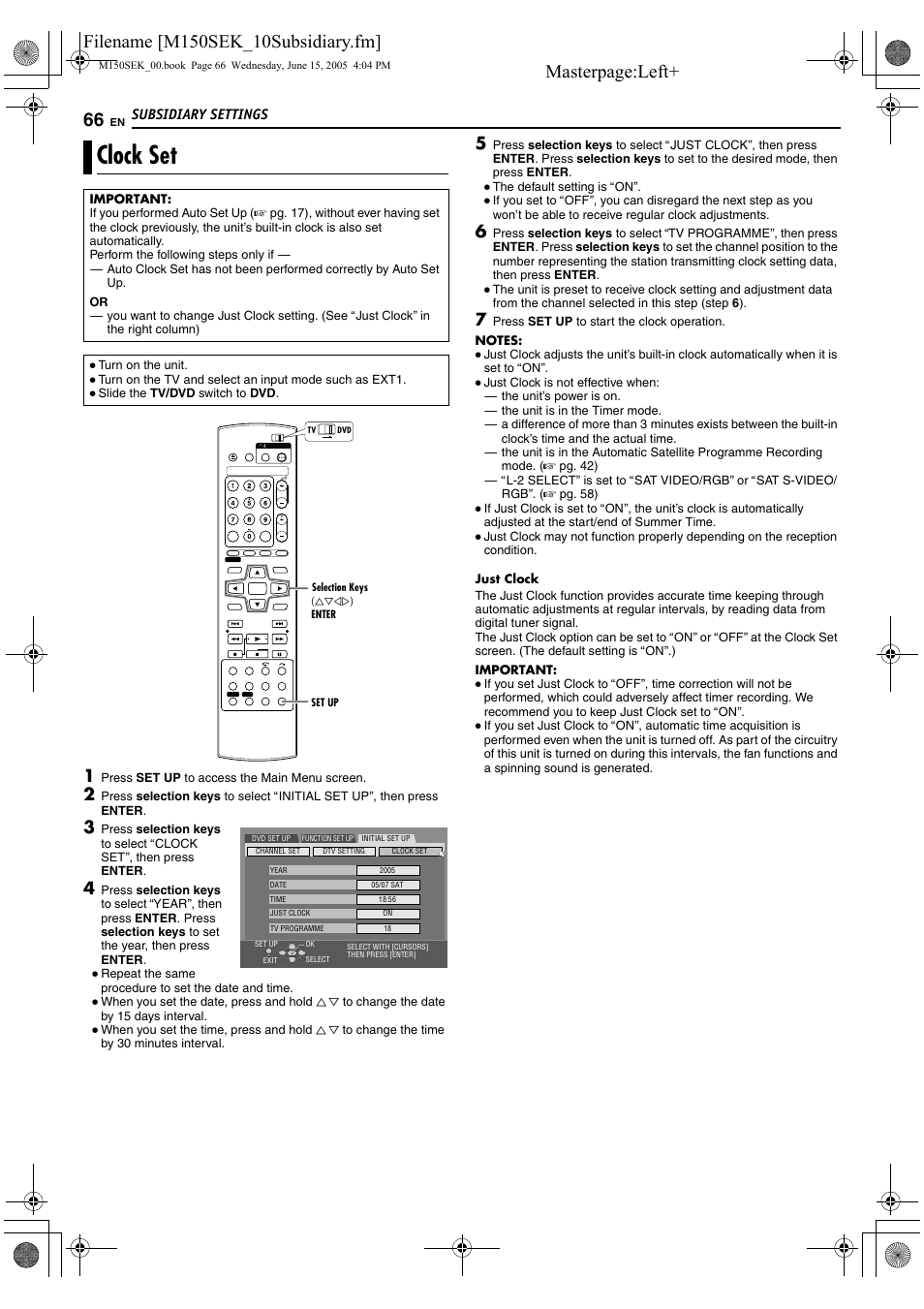 Clock set, A pg. 66), K setting (a pg. 66) | Aclock setb (a pg. 66), K (a pg. 66) does not | JVC DR-M150SEK User Manual | Page 66 / 76