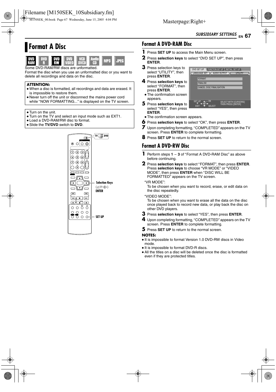 Format a disc, A pg. 67, A pg. 67) | Sc (a pg. 67) or inser, A pg. 67, 68, Masterpage:right, Format a dvd-ram disc, Format a dvd-rw disc | JVC DR-M150SEK User Manual | Page 67 / 76