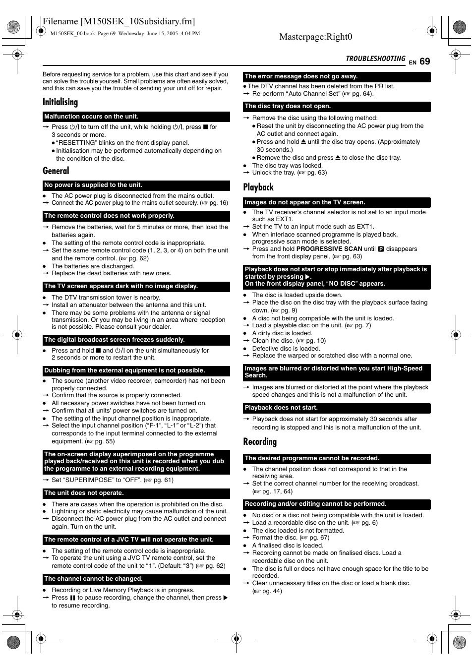Troubleshooting, Masterpage:right0, Initialising | General, Playback, Recording | JVC DR-M150SEK User Manual | Page 69 / 76