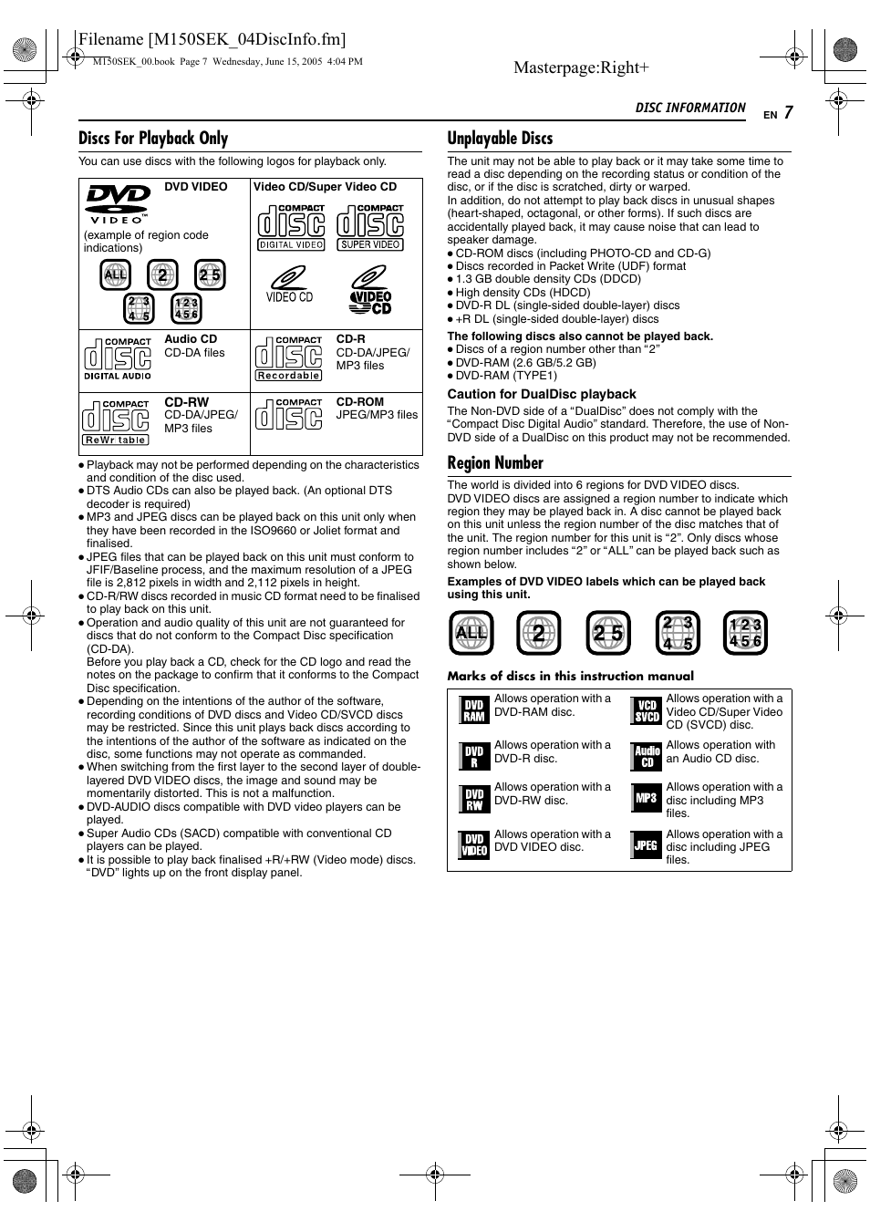 Masterpage:right, Discs for playback only, Unplayable discs | Region number | JVC DR-M150SEK User Manual | Page 7 / 76
