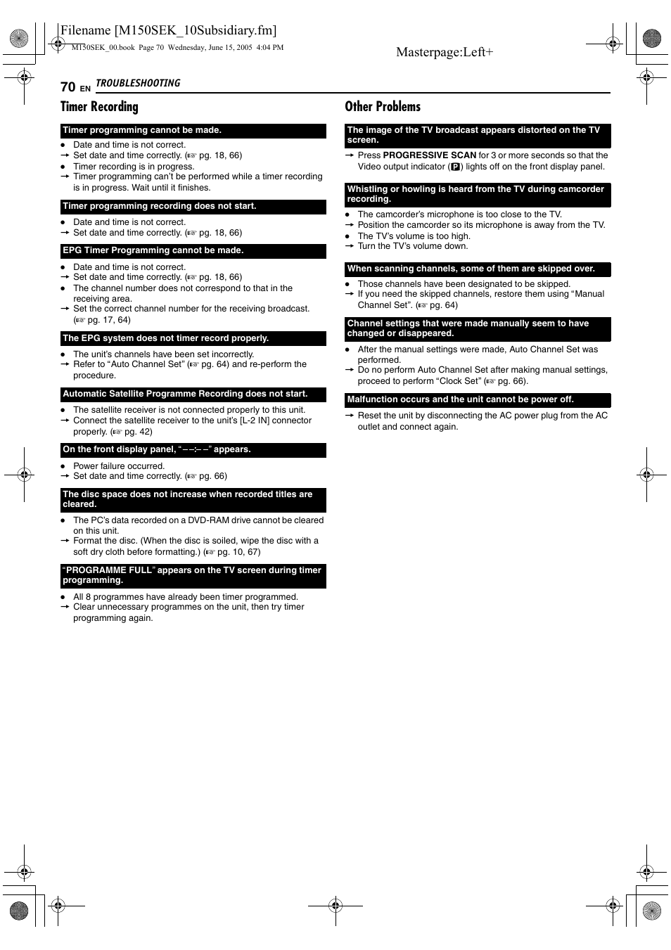 Timer recording, Other problems | JVC DR-M150SEK User Manual | Page 70 / 76