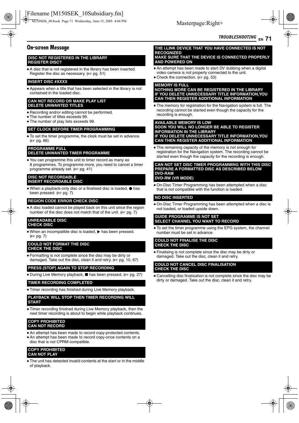 Masterpage:right, On-screen message | JVC DR-M150SEK User Manual | Page 71 / 76