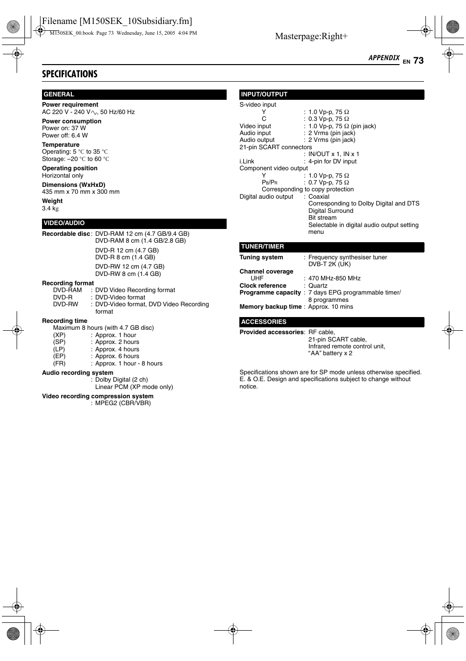 Specifications, Masterpage:right | JVC DR-M150SEK User Manual | Page 73 / 76