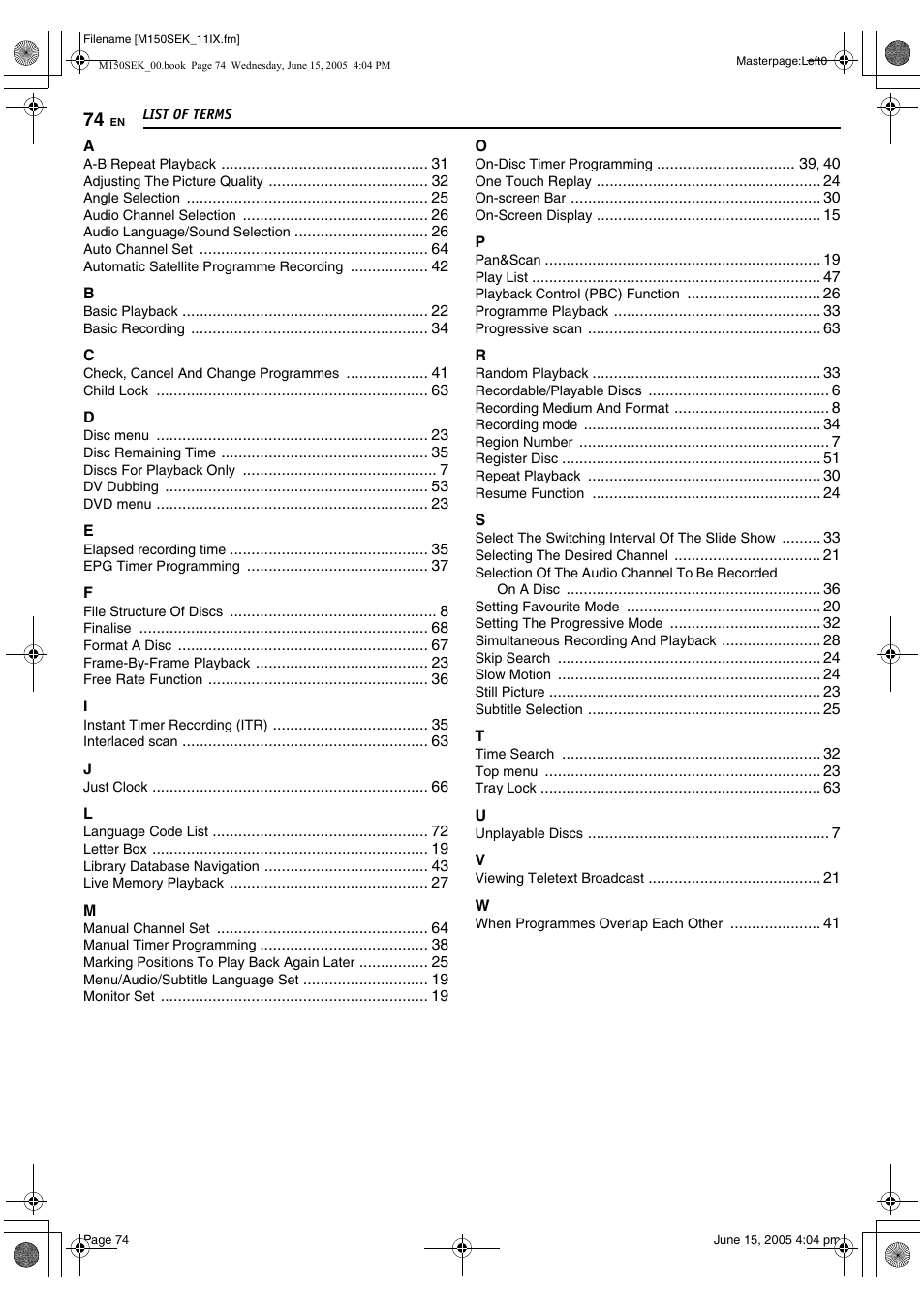 List of terms, 74 list | JVC DR-M150SEK User Manual | Page 74 / 76