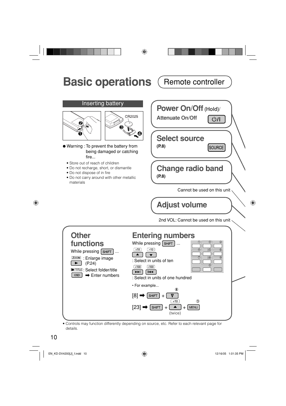 Basic operations, Remote controller, Power on/off | Select source, Other functions, Change radio band, Entering numbers, Adjust volume | JVC KD-DV4200 User Manual | Page 10 / 40