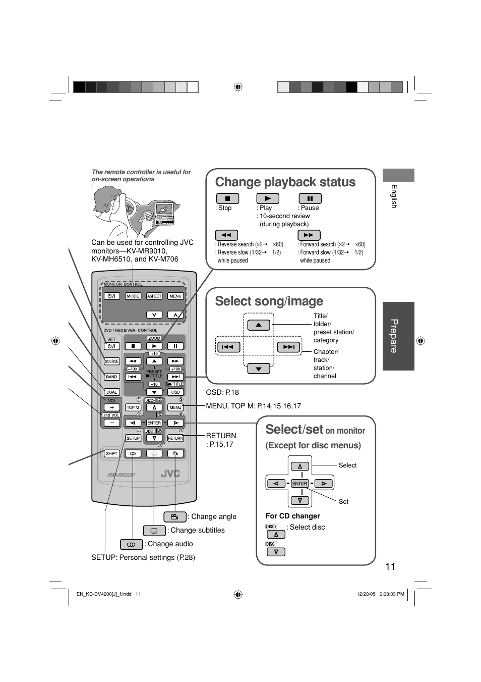 Select/set, Change playback status, Select song/image | Prepare | JVC KD-DV4200 User Manual | Page 11 / 40