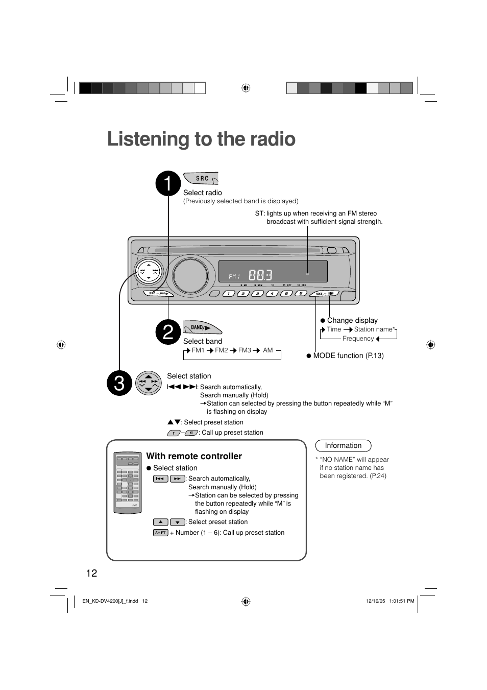 Listening to the radio | JVC KD-DV4200 User Manual | Page 12 / 40