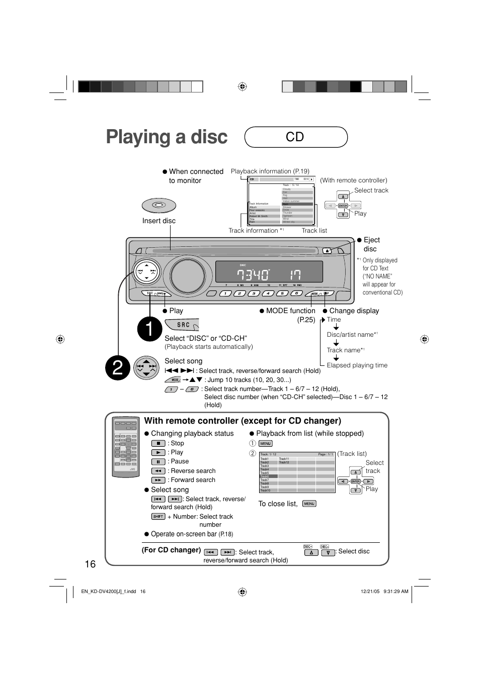 Playing a disc, With remote controller (except for cd changer) | JVC KD-DV4200 User Manual | Page 16 / 40