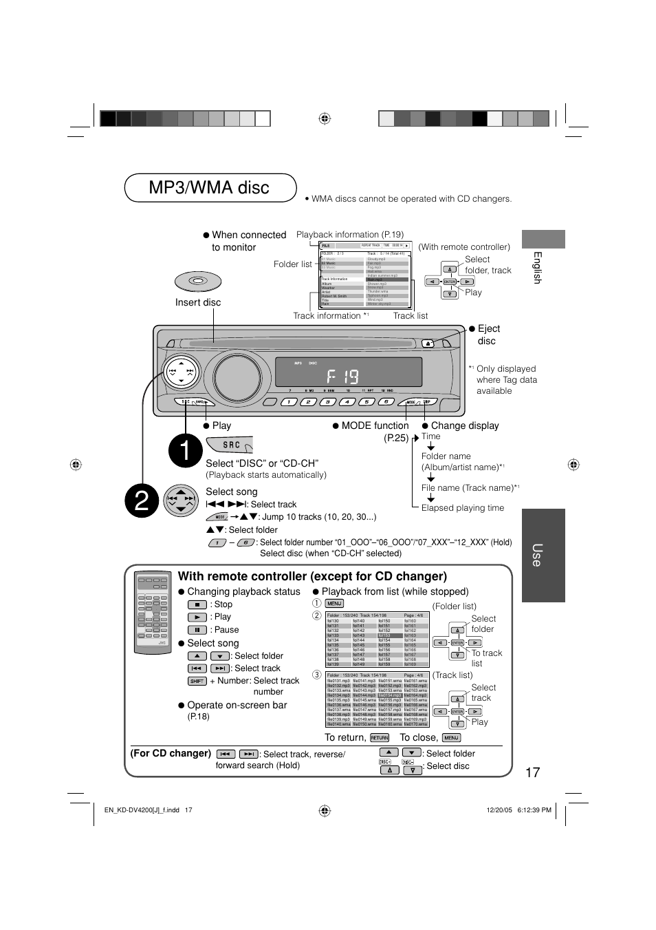 Mp3/wma disc, With remote controller (except for cd changer) | JVC KD-DV4200 User Manual | Page 17 / 40