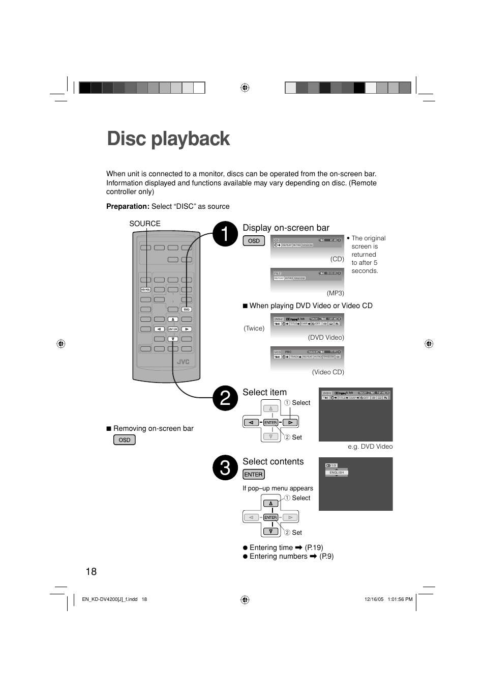 Disc playback, Display on-screen bar select item, Select contents | JVC KD-DV4200 User Manual | Page 18 / 40