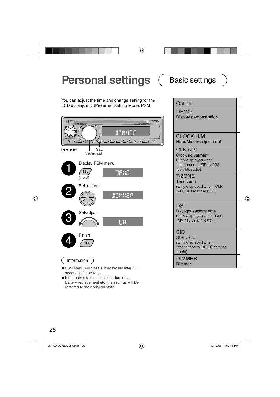 Personal settings, Basic settings | JVC KD-DV4200 User Manual | Page 26 / 40