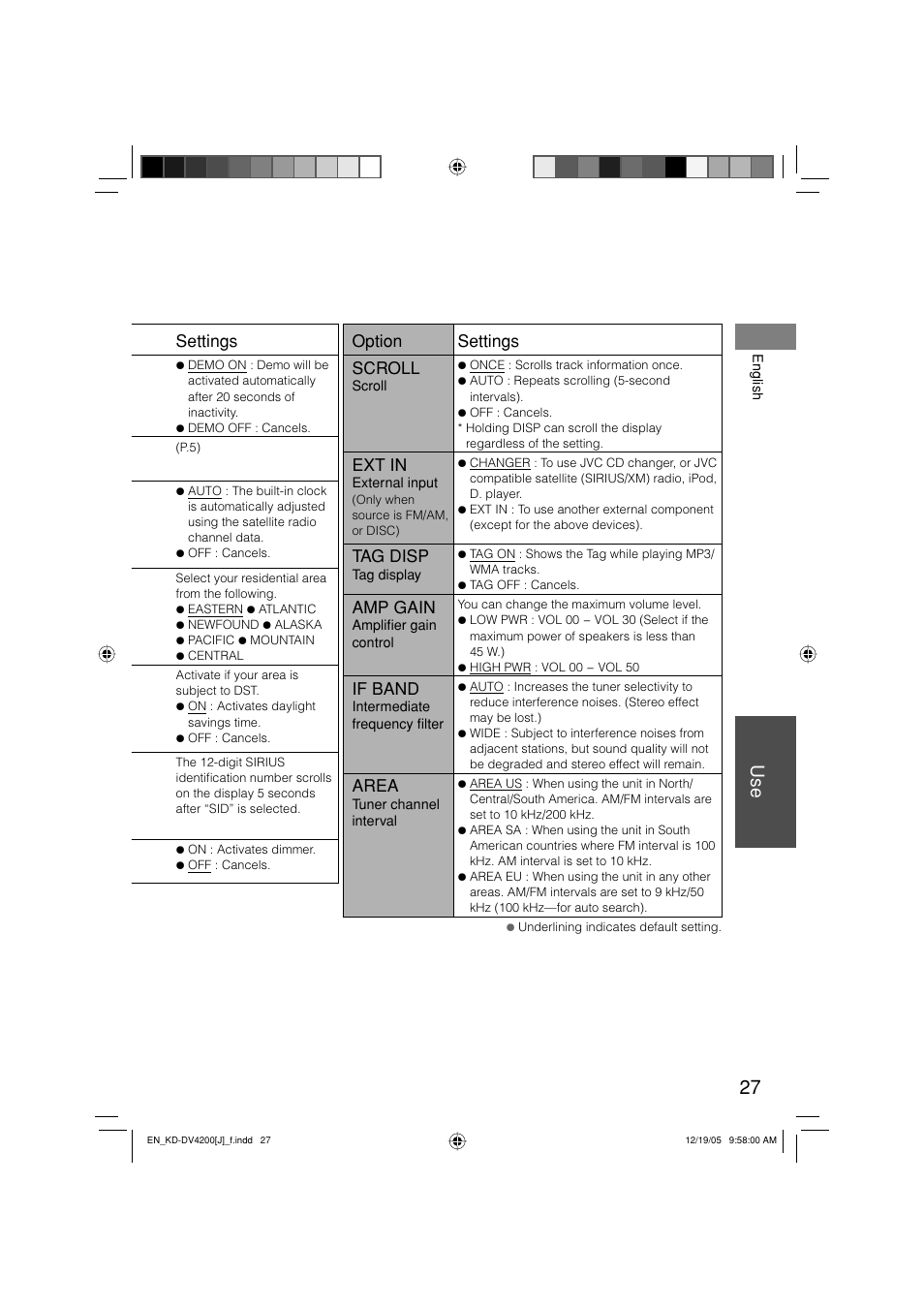 Settings, Option settings scroll, Ext in | Tag disp, Amp gain, If band, Area | JVC KD-DV4200 User Manual | Page 27 / 40