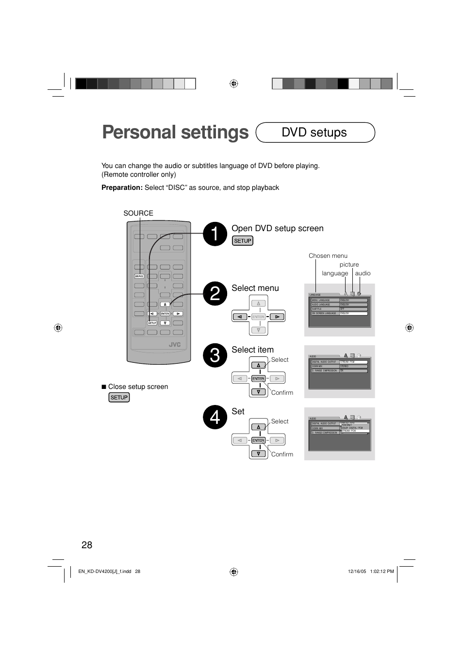 Personal settings, Dvd setups, Open dvd setup screen select menu | Select item | JVC KD-DV4200 User Manual | Page 28 / 40