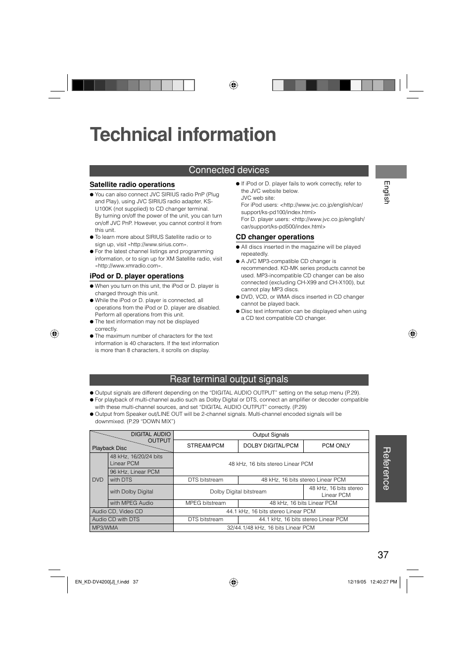 Technical information, Ref erence, Connected devices | Rear terminal output signals | JVC KD-DV4200 User Manual | Page 37 / 40