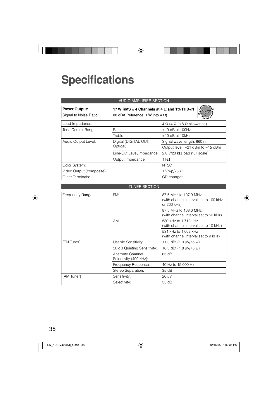 Specifi cations | JVC KD-DV4200 User Manual | Page 38 / 40