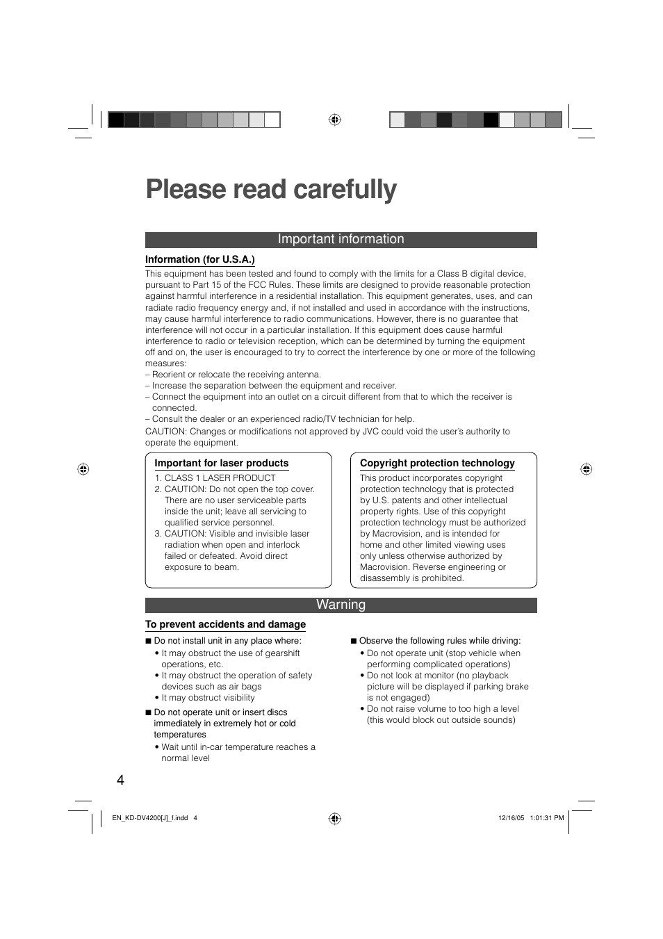 Please read carefully, Important information, Warning | JVC KD-DV4200 User Manual | Page 4 / 40