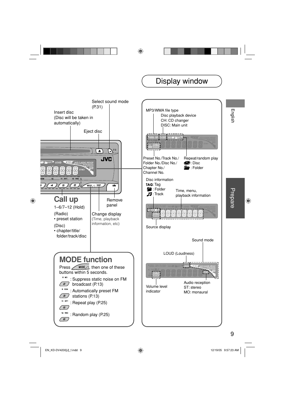 Display window, Mode function, Call up | Prepare | JVC KD-DV4200 User Manual | Page 9 / 40