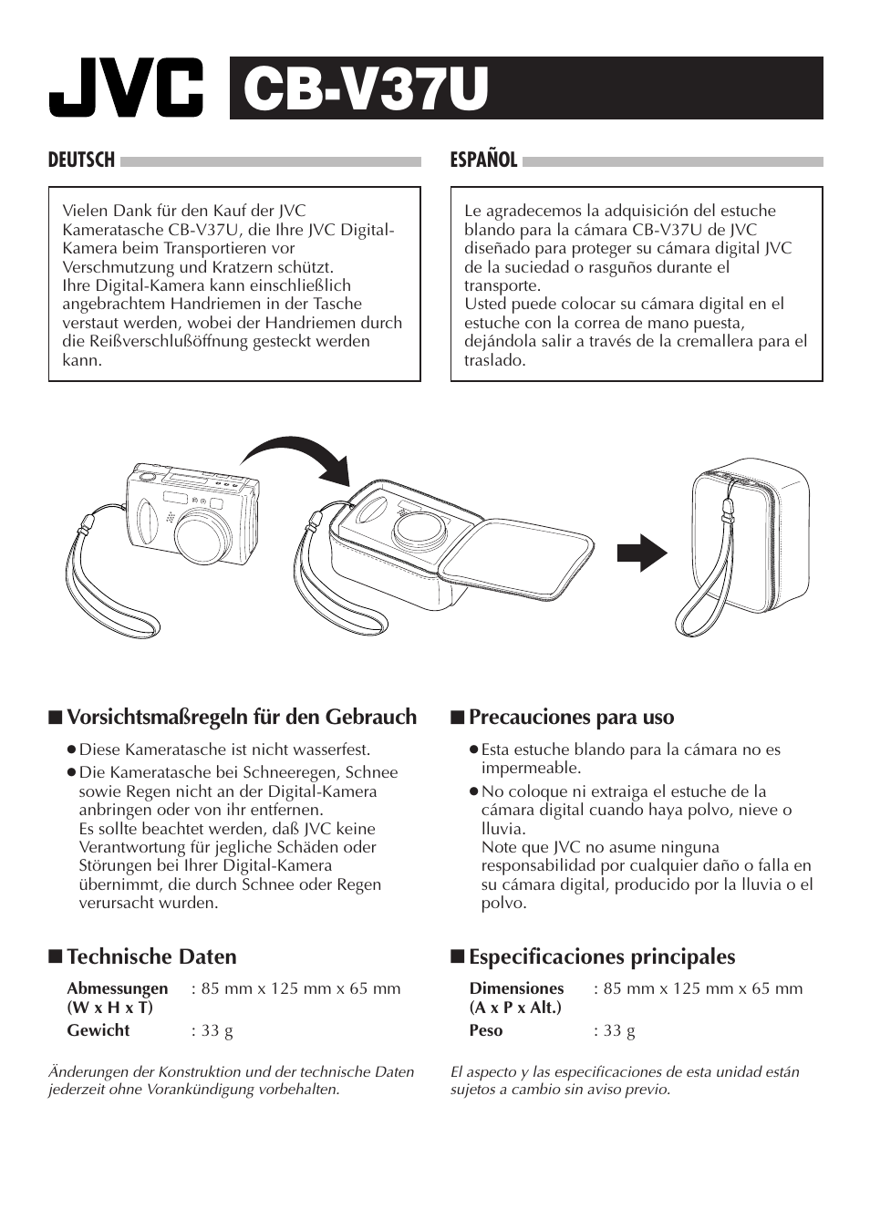 Cb-v37u, Kameratasche estuche blando para la cámara | JVC CB-V37U User Manual | Page 2 / 2