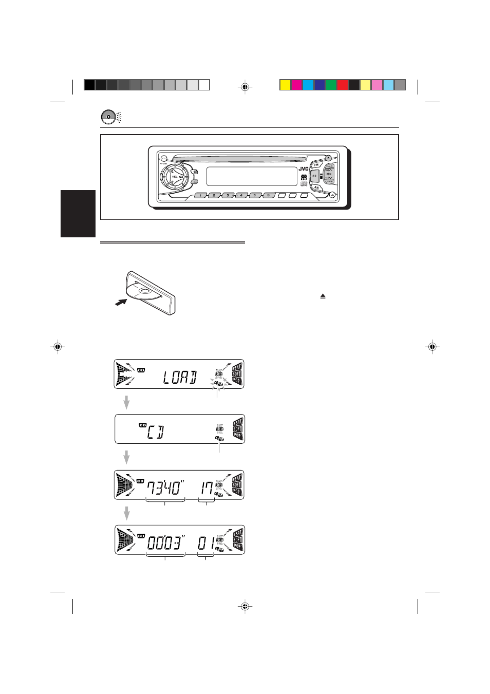 Cd-betrieb, Abspielen einer cd, Abspielen einer cd 1 | Deutsch, Zum beenden des abspielens und auswerfen der cd, Eine cd in den ladeschlitz einschieben | JVC KD-S821R User Manual | Page 44 / 114