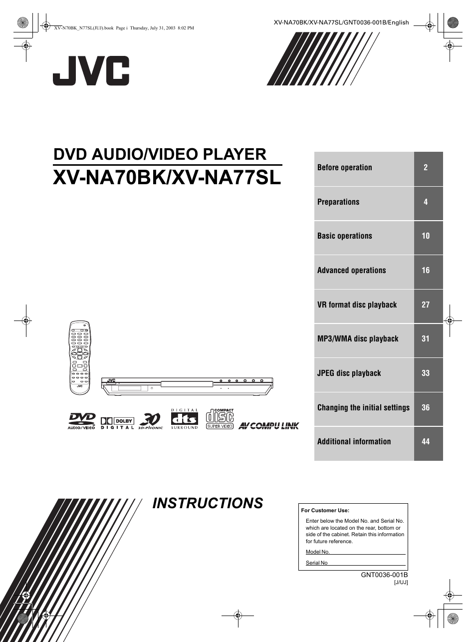 JVC XV-NA70BK User Manual | 66 pages