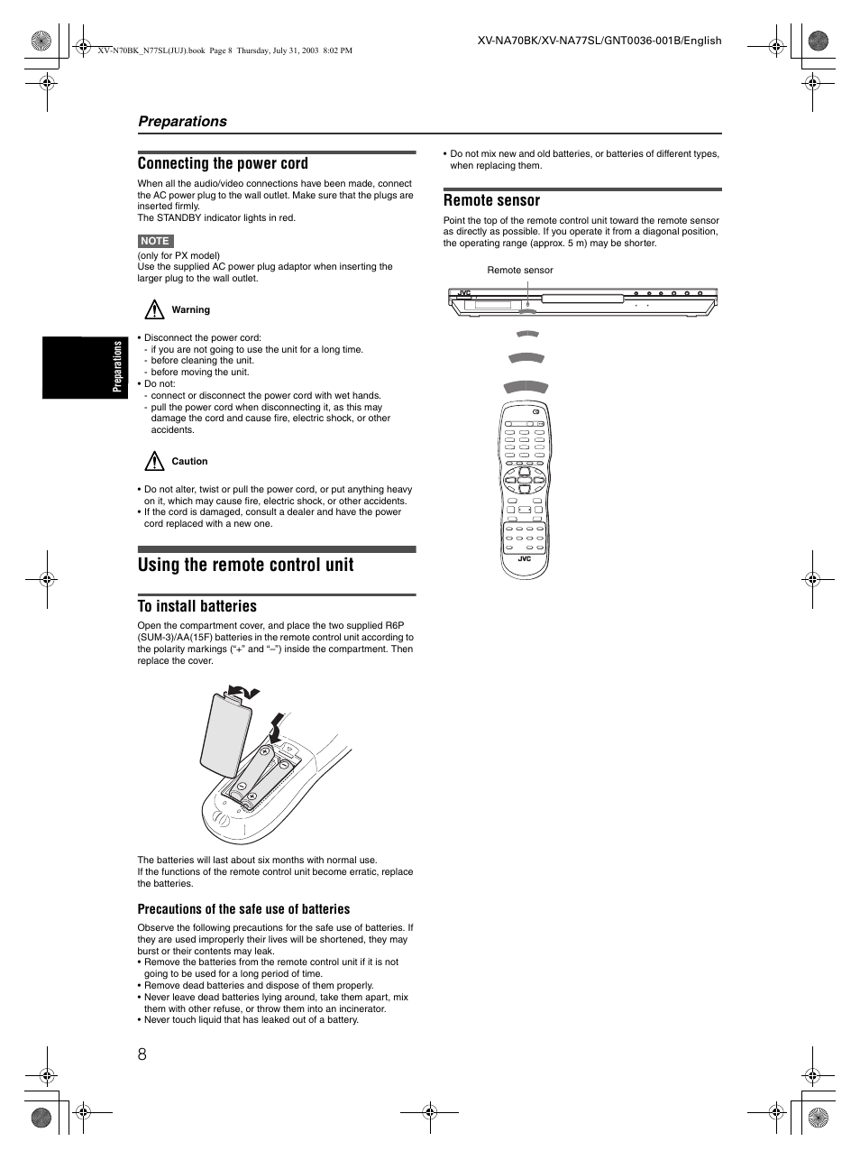 Using the remote control, Using the remote control unit, Connecting the power cord | Remote sensor, Preparations | JVC XV-NA70BK User Manual | Page 10 / 66