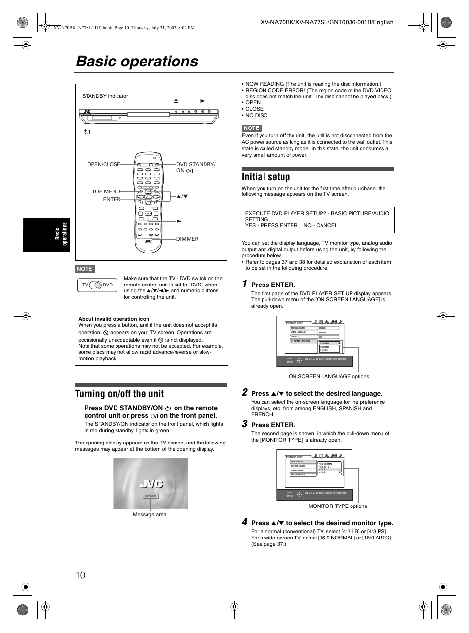 Basic operations, Power on / off, Initial setup | Turning on/off the unit | JVC XV-NA70BK User Manual | Page 12 / 66