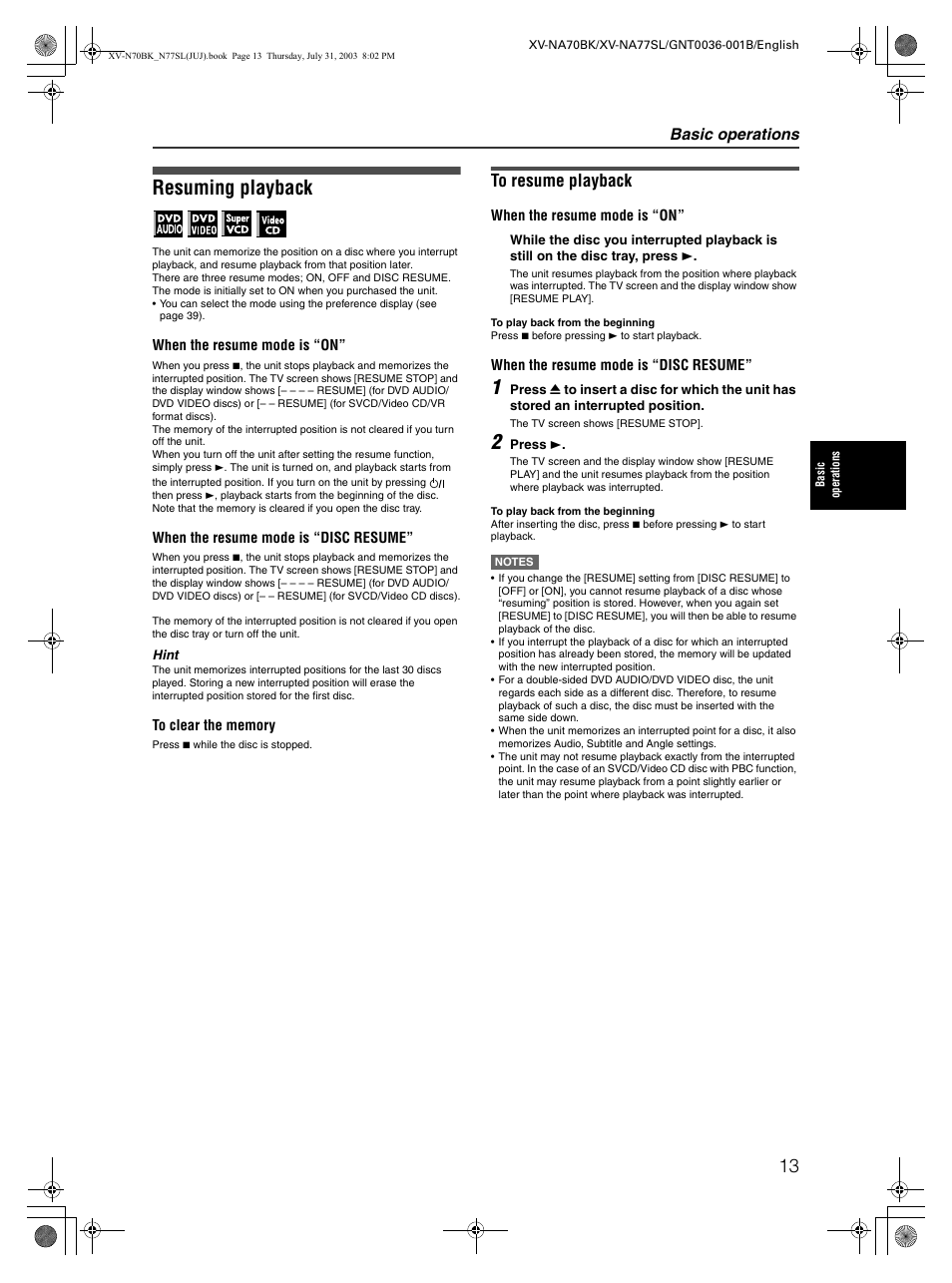 Resuming playback, Basic operations | JVC XV-NA70BK User Manual | Page 15 / 66