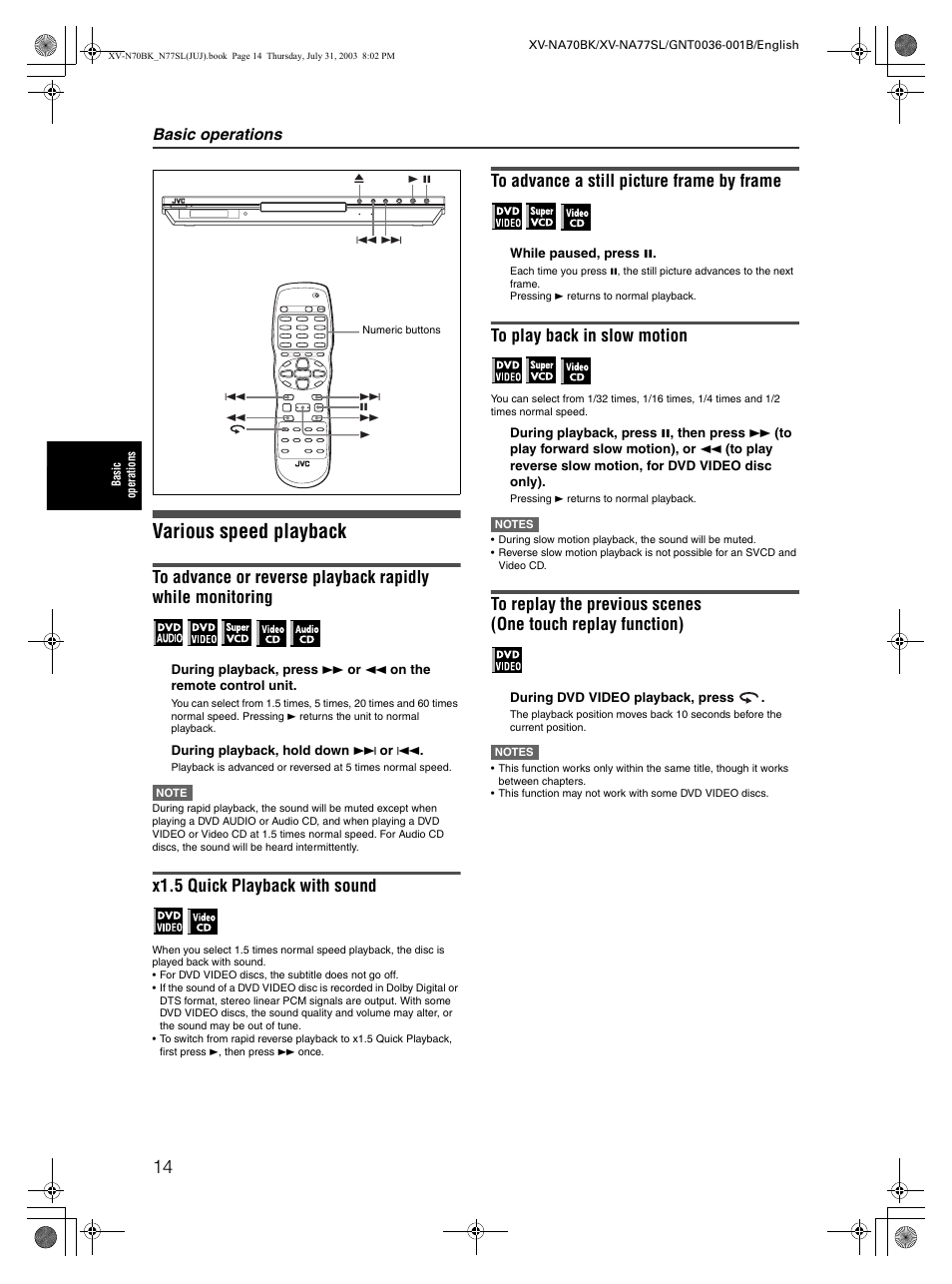 Various speed playback, X1.5 quick playback with sound, Basic operations | JVC XV-NA70BK User Manual | Page 16 / 66