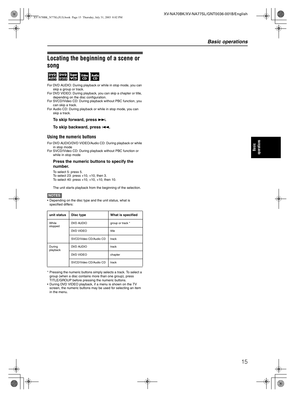 Locating the beginning of a scene / song, Locating the beginning of a scene or song, Basic operations | JVC XV-NA70BK User Manual | Page 17 / 66