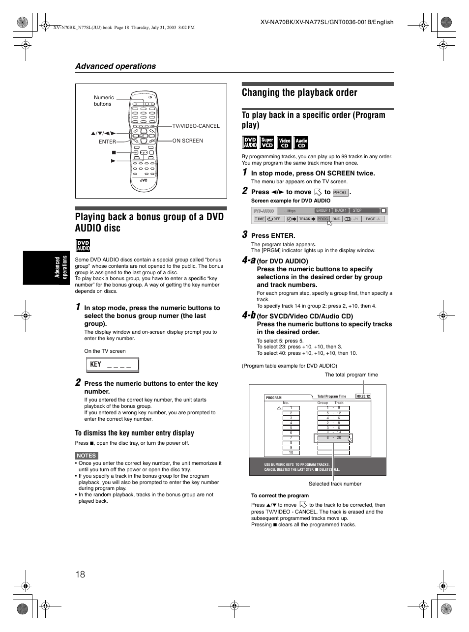 Playing back a bonus group from a dvd-audio disc, Changing the playback order, Playing back a bonus group of a dvd audio disc | Advanced operations | JVC XV-NA70BK User Manual | Page 20 / 66