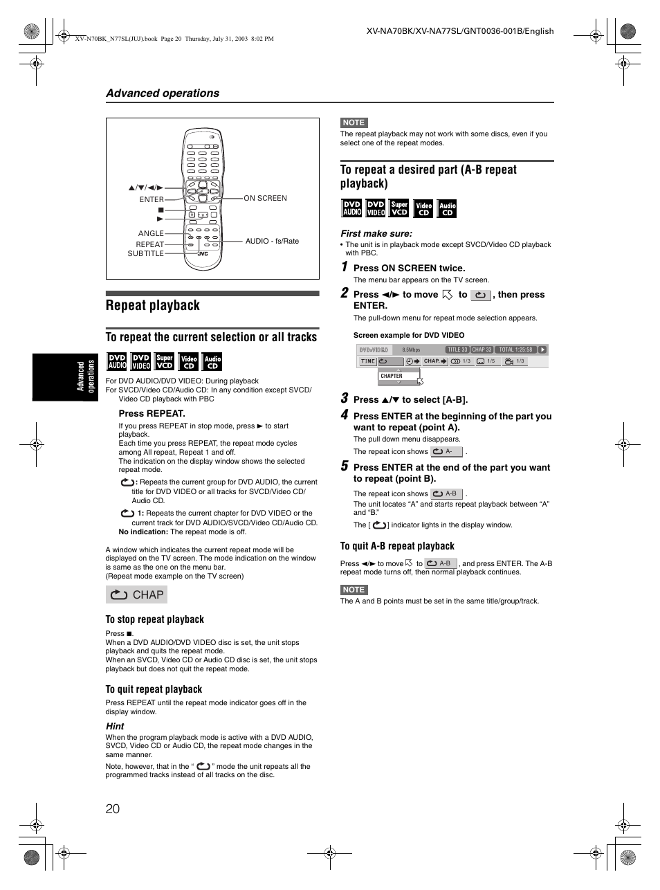 Repeat playback, Advanced operations, Chap | JVC XV-NA70BK User Manual | Page 22 / 66