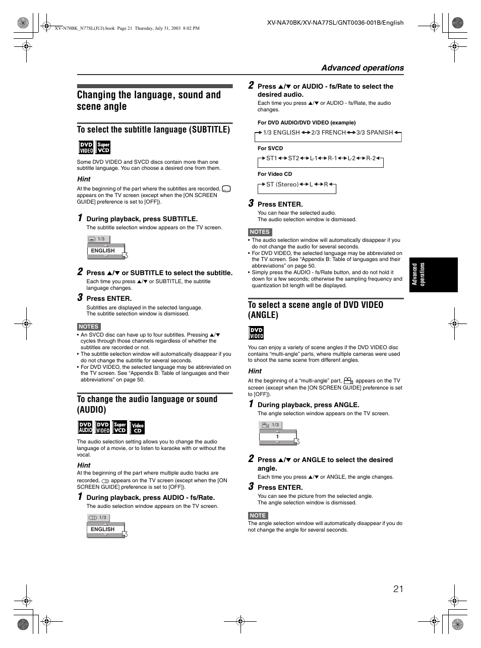 Changing the language, sound & scene angle, Changing the language, sound and scene angle, Advanced operations | JVC XV-NA70BK User Manual | Page 23 / 66