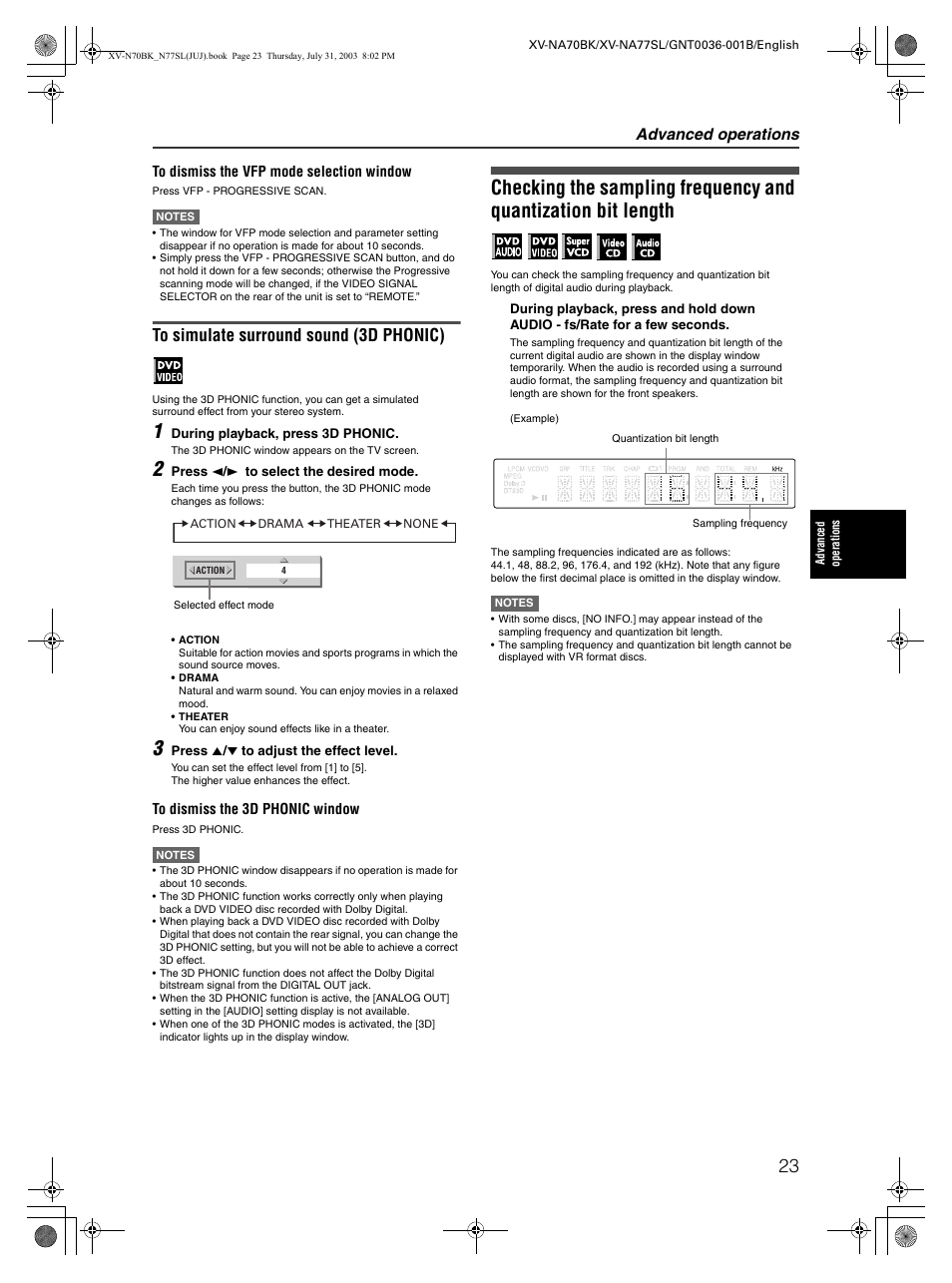 Sampling frequency / quantization bit langth, Advanced operations | JVC XV-NA70BK User Manual | Page 25 / 66