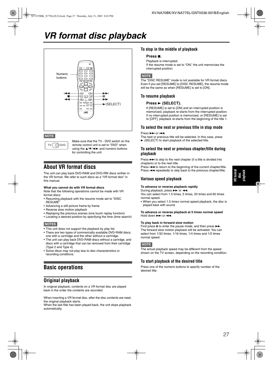 Vr format disc playback, About vr format discs, Basic operations | Original playback | JVC XV-NA70BK User Manual | Page 29 / 66