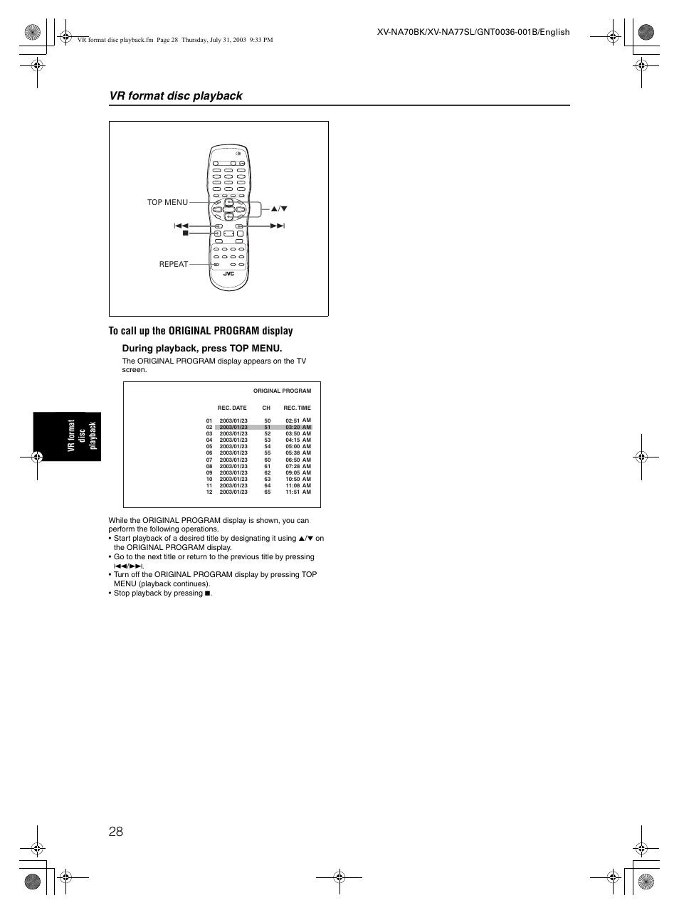 Vr format disc playback | JVC XV-NA70BK User Manual | Page 30 / 66