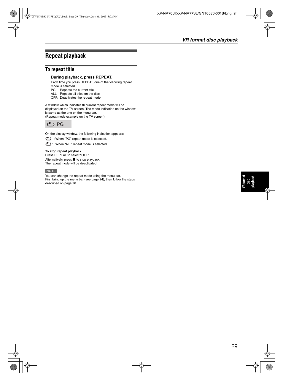 Repeat playback, Vr format disc playback | JVC XV-NA70BK User Manual | Page 31 / 66