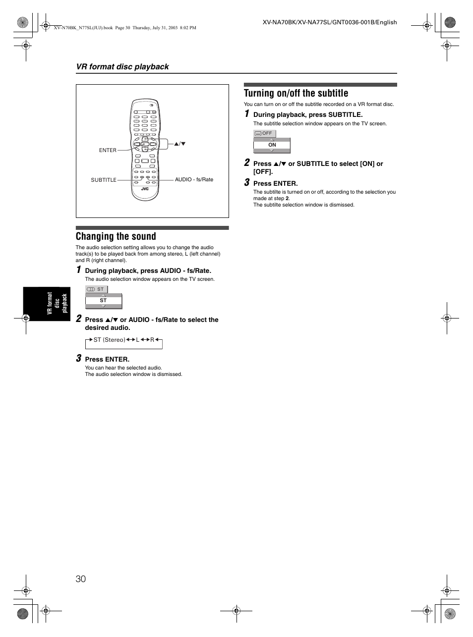 Changing the sound, Subtitle on / off, Turning on/off the subtitle | JVC XV-NA70BK User Manual | Page 32 / 66
