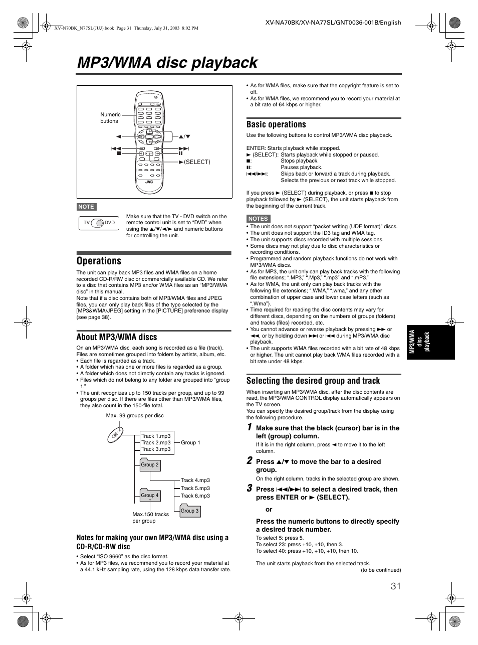 Mp3 / wma disc playback, Mp3/wma disc playback, Operations | About mp3/wma discs, Basic operations, Selecting the desired group and track | JVC XV-NA70BK User Manual | Page 33 / 66