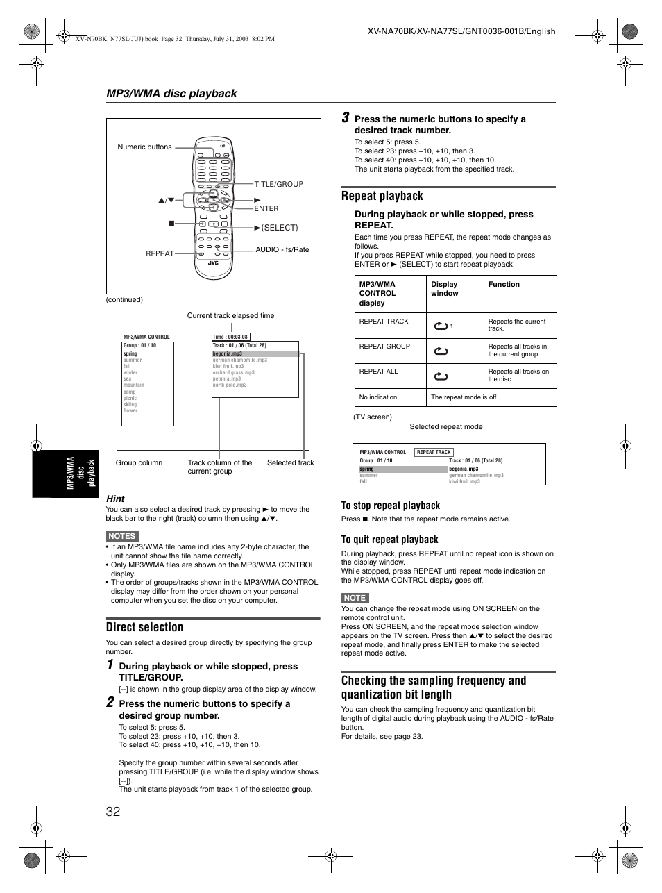 Direct selection, Repeat playback, Mp3/wma disc playback | JVC XV-NA70BK User Manual | Page 34 / 66