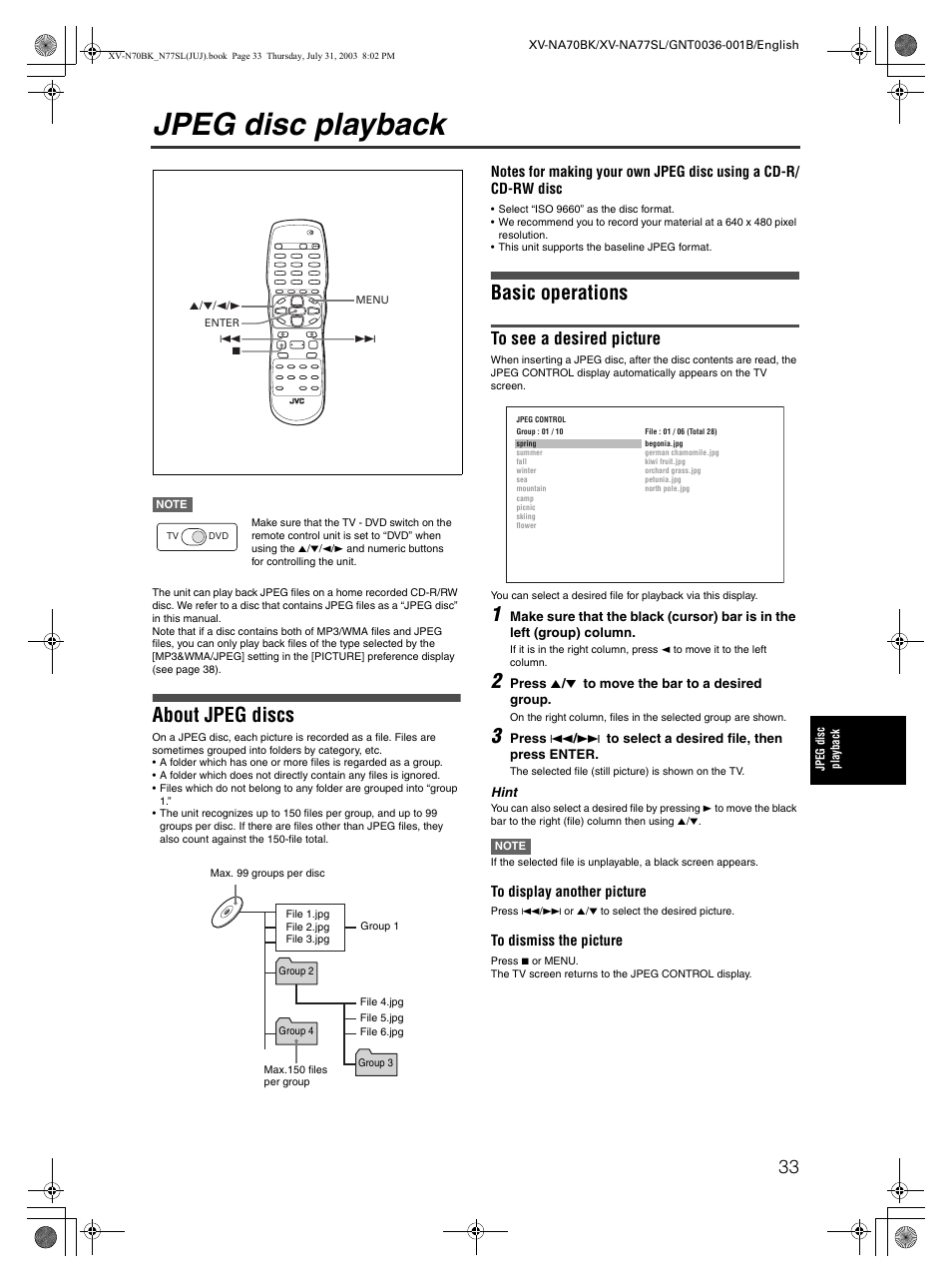Jpeg disc playback, About jpeg discs, Basic operations | JVC XV-NA70BK User Manual | Page 35 / 66