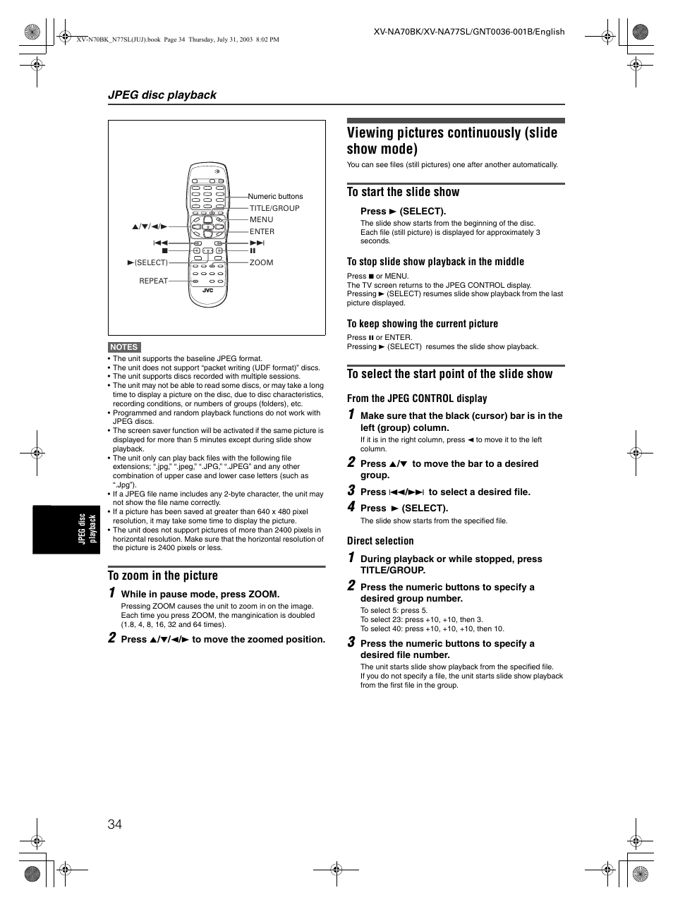 Viewing pictures continuously (slide show mode), Jpeg disc playback | JVC XV-NA70BK User Manual | Page 36 / 66