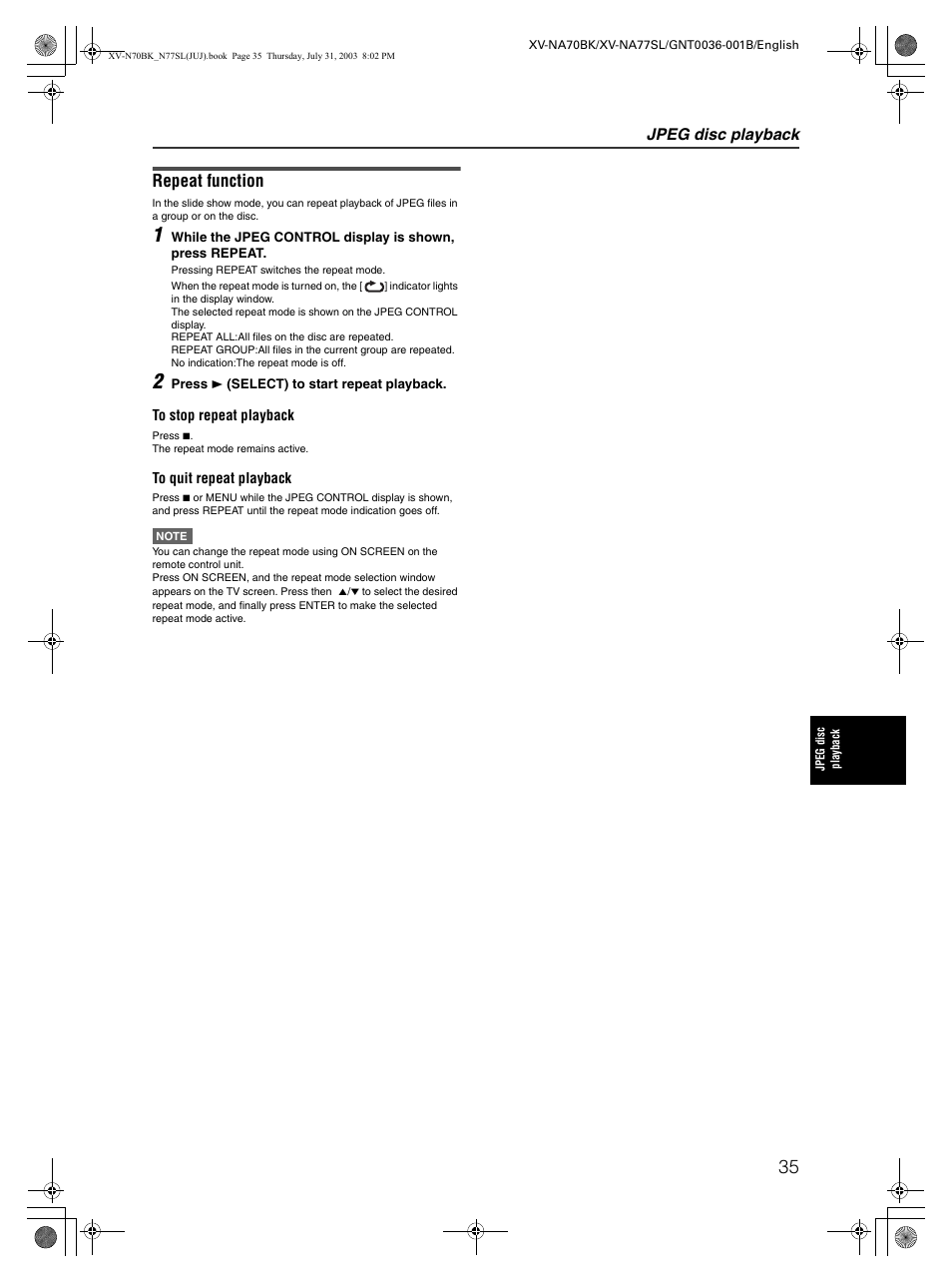 Repeat function, Jpeg disc playback | JVC XV-NA70BK User Manual | Page 37 / 66
