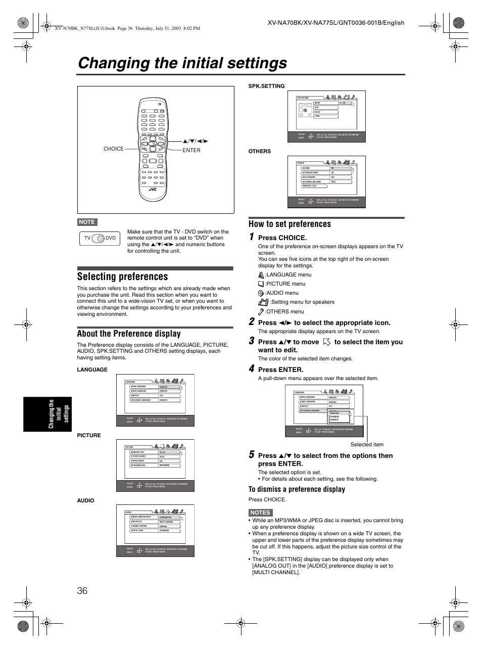 Changing the initial settings, Selecting preferences, Language screen | Picture screen, Audio screen, Speaker setting screen, Others screen, About the preference display, How to set preferences, Press choice | JVC XV-NA70BK User Manual | Page 38 / 66