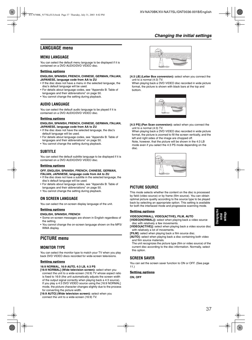 Menu explanations, Language menu, Picture menu | Changing the initial settings | JVC XV-NA70BK User Manual | Page 39 / 66