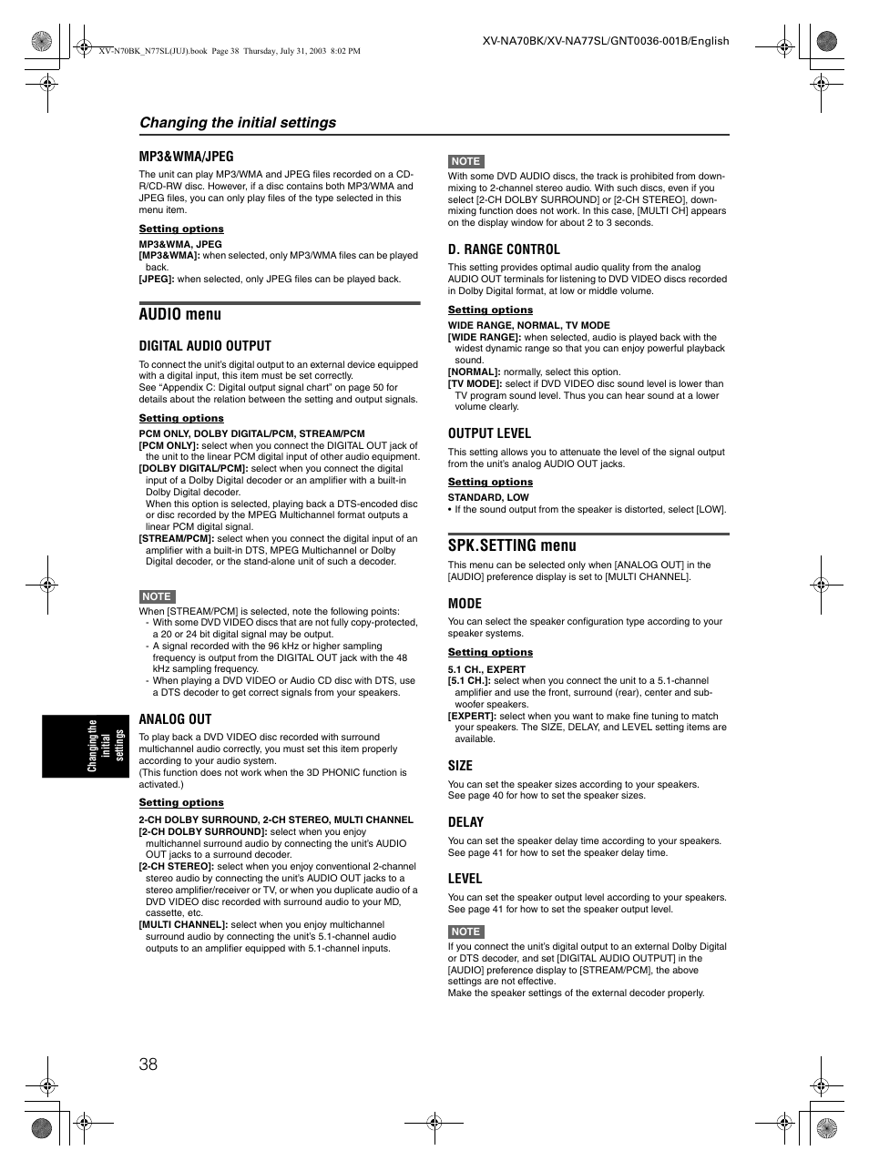 Audio menu, Spk.setting menu, Changing the initial settings | JVC XV-NA70BK User Manual | Page 40 / 66