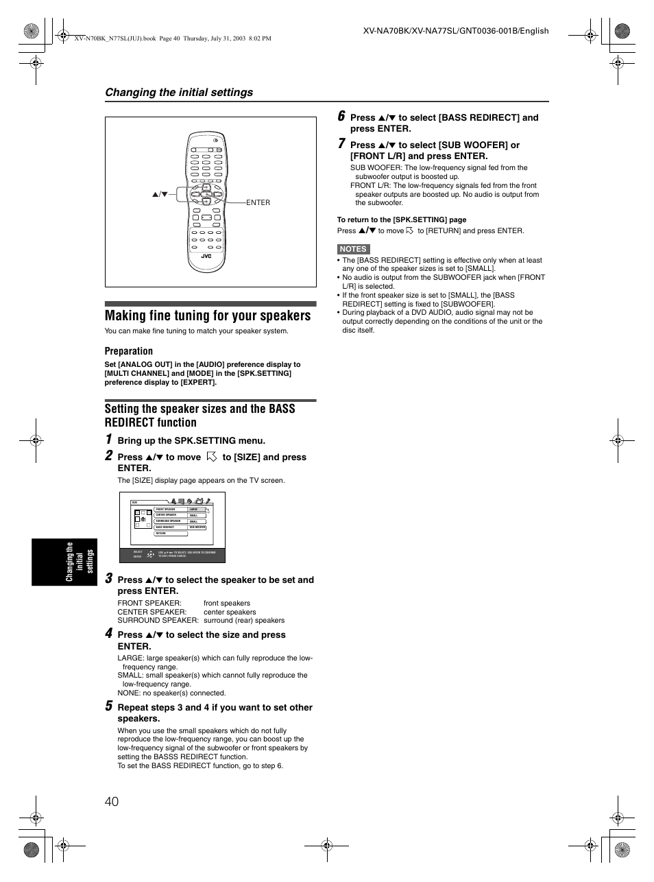 Fine tuning the speakers, Making fine tuning for your speakers, Changing the initial settings | JVC XV-NA70BK User Manual | Page 42 / 66