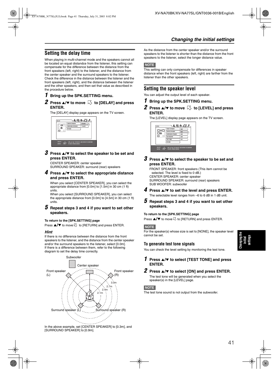 Setting the delay time, Setting the speaker level, Changing the initial settings | JVC XV-NA70BK User Manual | Page 43 / 66