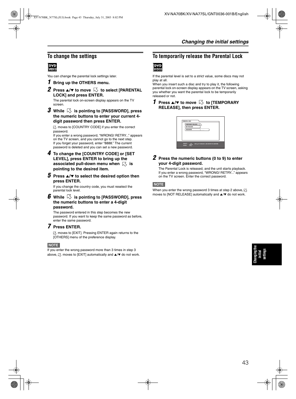 Changing the initial settings | JVC XV-NA70BK User Manual | Page 45 / 66